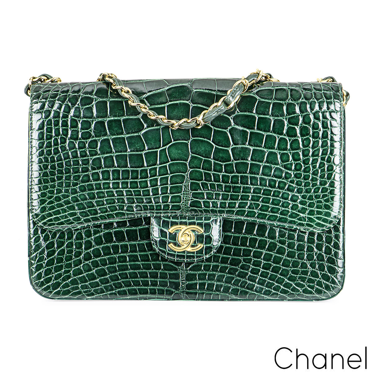 Chanel Silver Crocodile Jumbo Double Flap Bag at Jill's Consignment